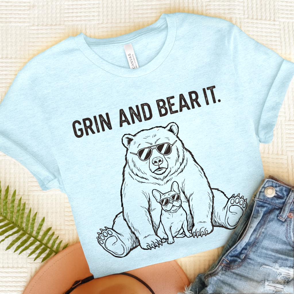 French Bulldog Grin Bear It Unisex TShirt Heather Ice Blue