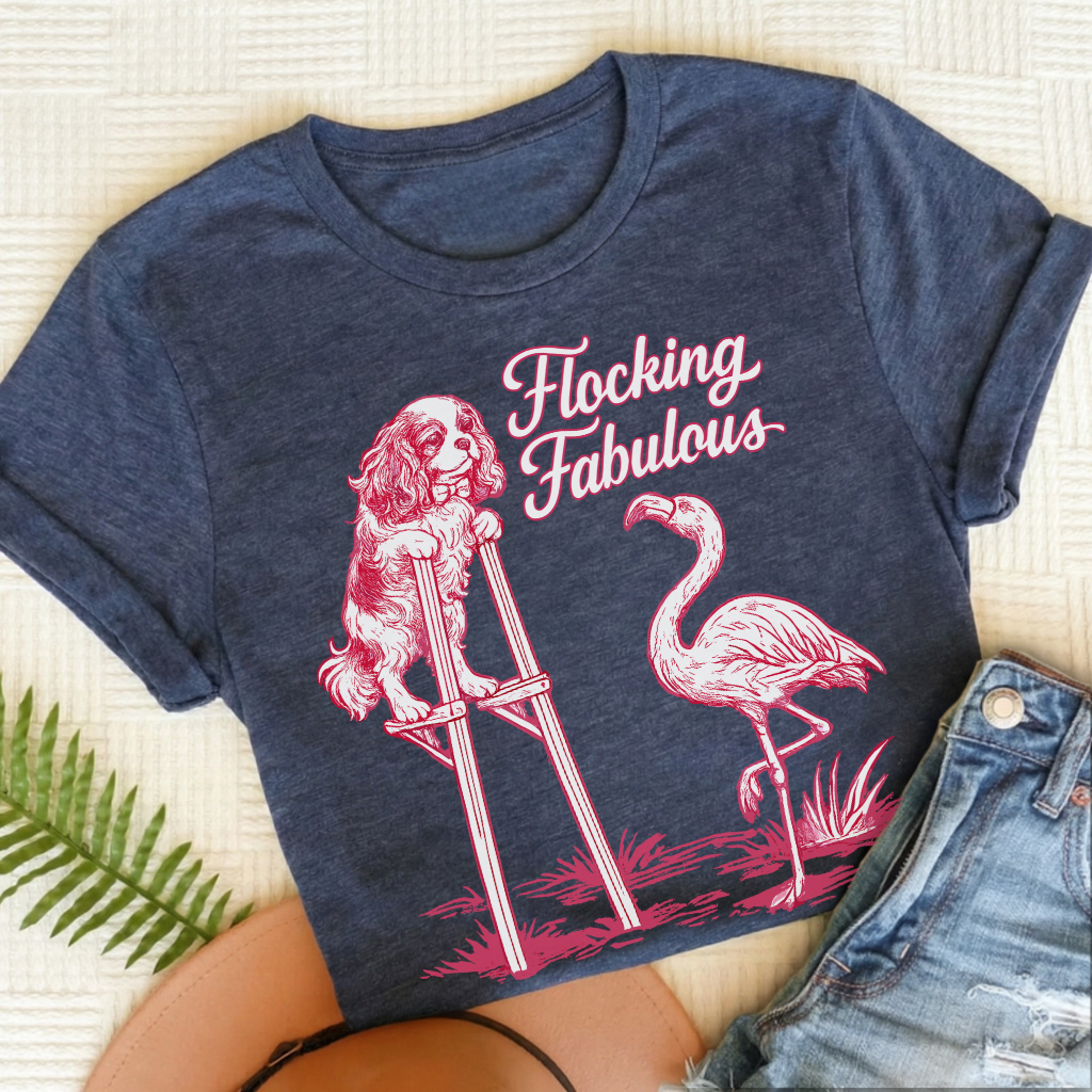 Cavalier King Charles Florida Flamingo Unisex TShirt Heather Navy