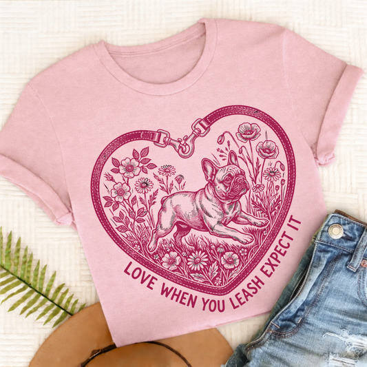 French Bulldog Love Leash Unisex TShirt Comfort Colors Blossom