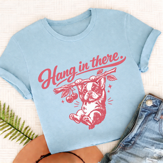 Frenchie Hang In There Unisex Tshirt Comfort Colors Chambray