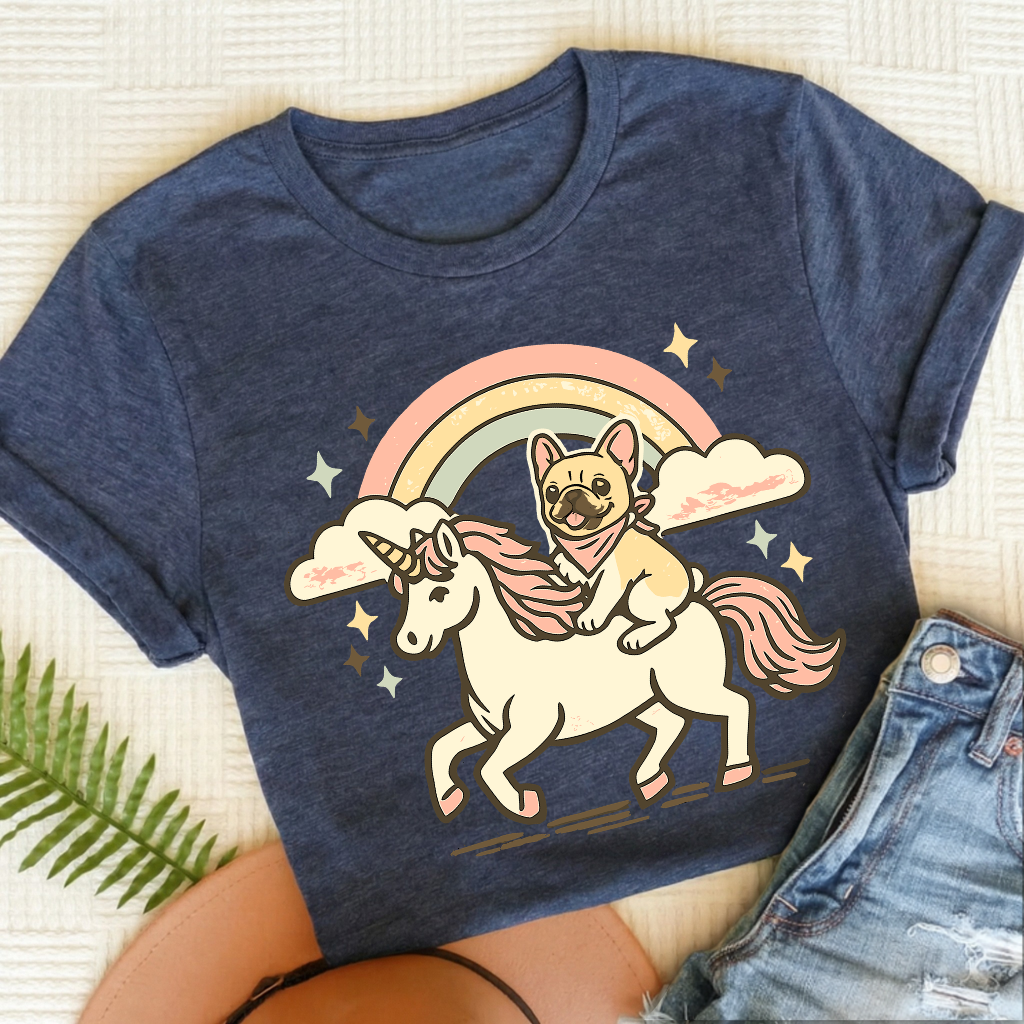 Personalized Frenchie Linocut Unicorn Unisex TShirt Heather Navy