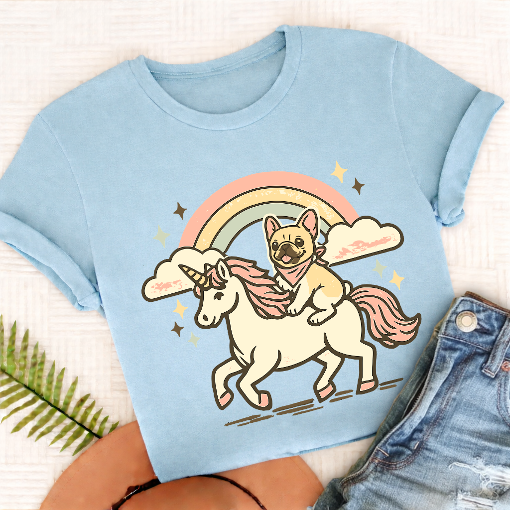 Personalized Frenchie Linocut Unicorn Unisex TShirt Comfort Colors Chambray