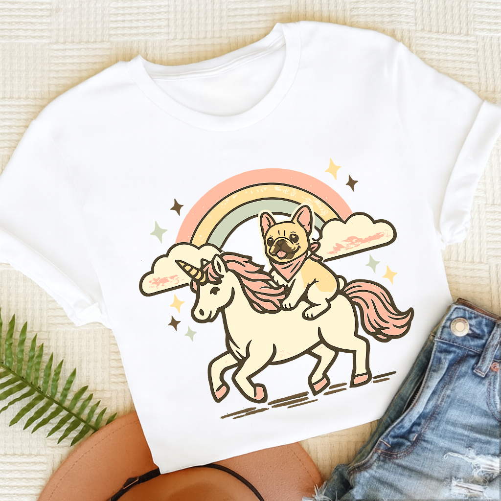 Personalized Frenchie Linocut Unicorn Unisex TShirt White