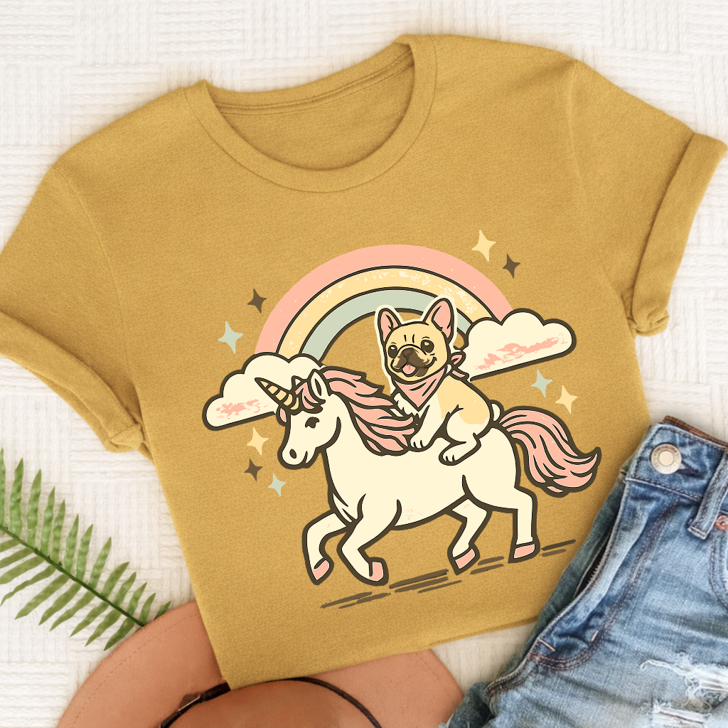 Personalized Frenchie Linocut Unicorn Unisex TShirt Comfort Colors Mustard