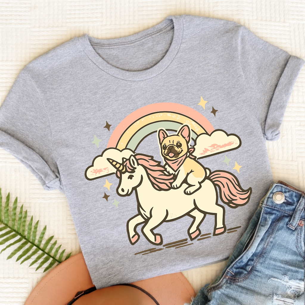 Personalized Frenchie Linocut Unicorn Unisex TShirt Sport Grey