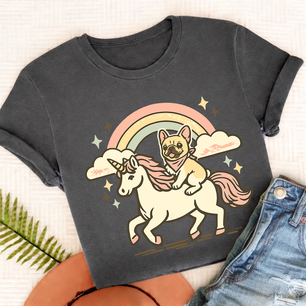 Personalized Frenchie Linocut Unicorn Unisex TShirt Comfort Colors Pepper
