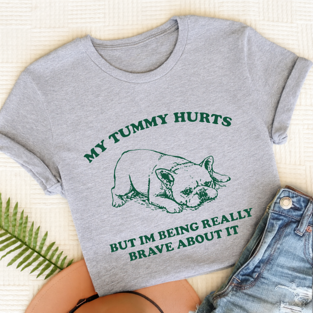 French Bulldog Tummy Hurts Funny Unisex TShirt Sport Grey