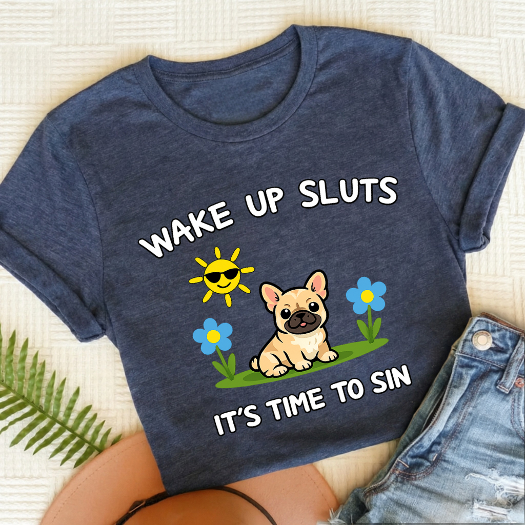 Personalized Frenchie Wake Up Funny Unisex TShirt Heather Navy