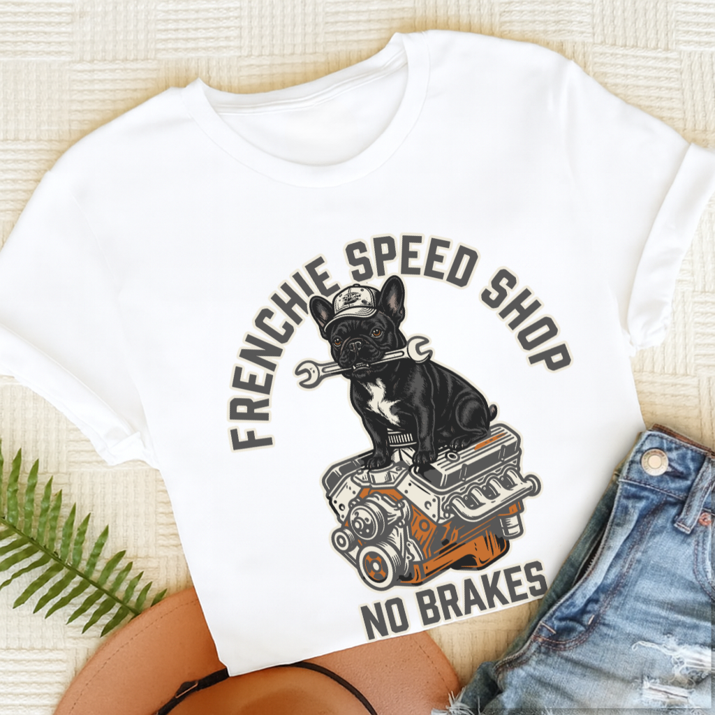 Custom Frenchie Racing Speed Shop Unisex TShirt White