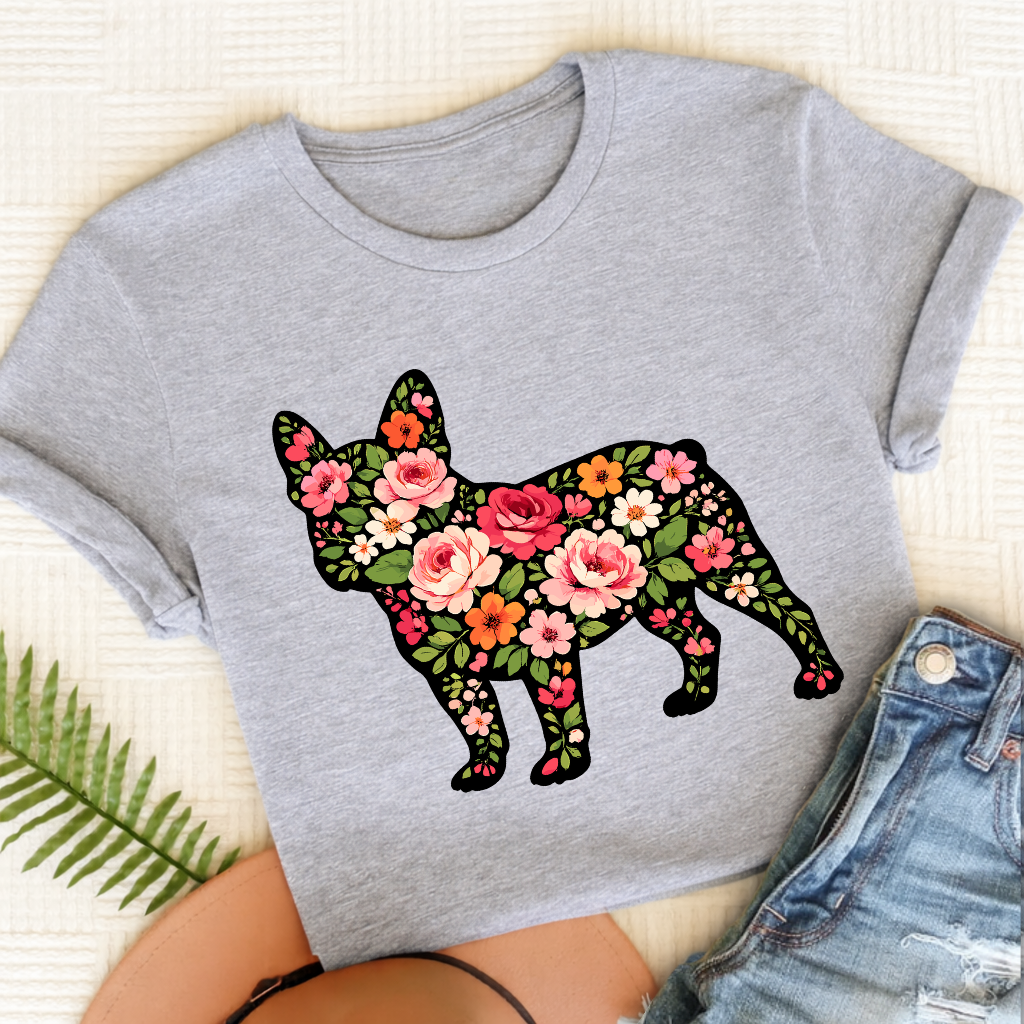 French Bulldog Roses Floral Silhouette Unisex TShirt Sport Grey