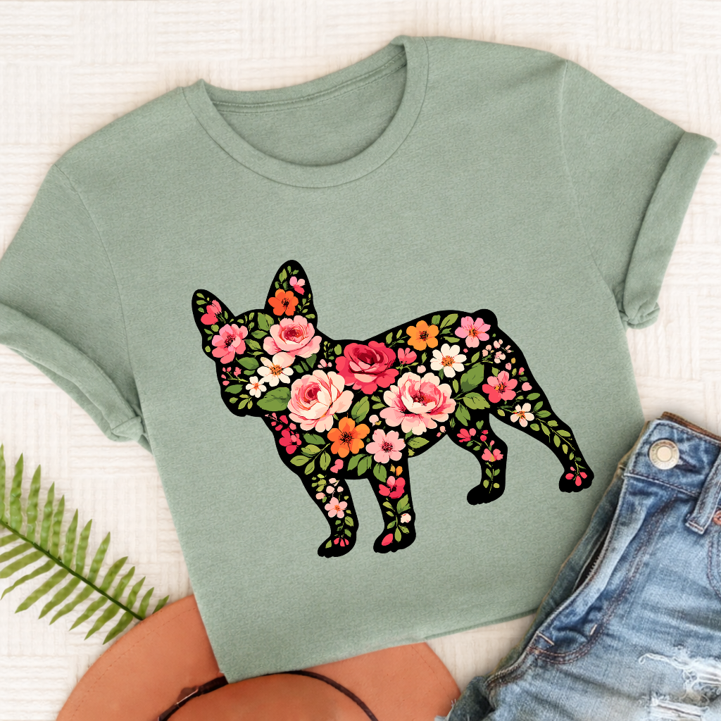 French Bulldog Roses Floral Silhouette Unisex TShirt Comfort Colors Bay