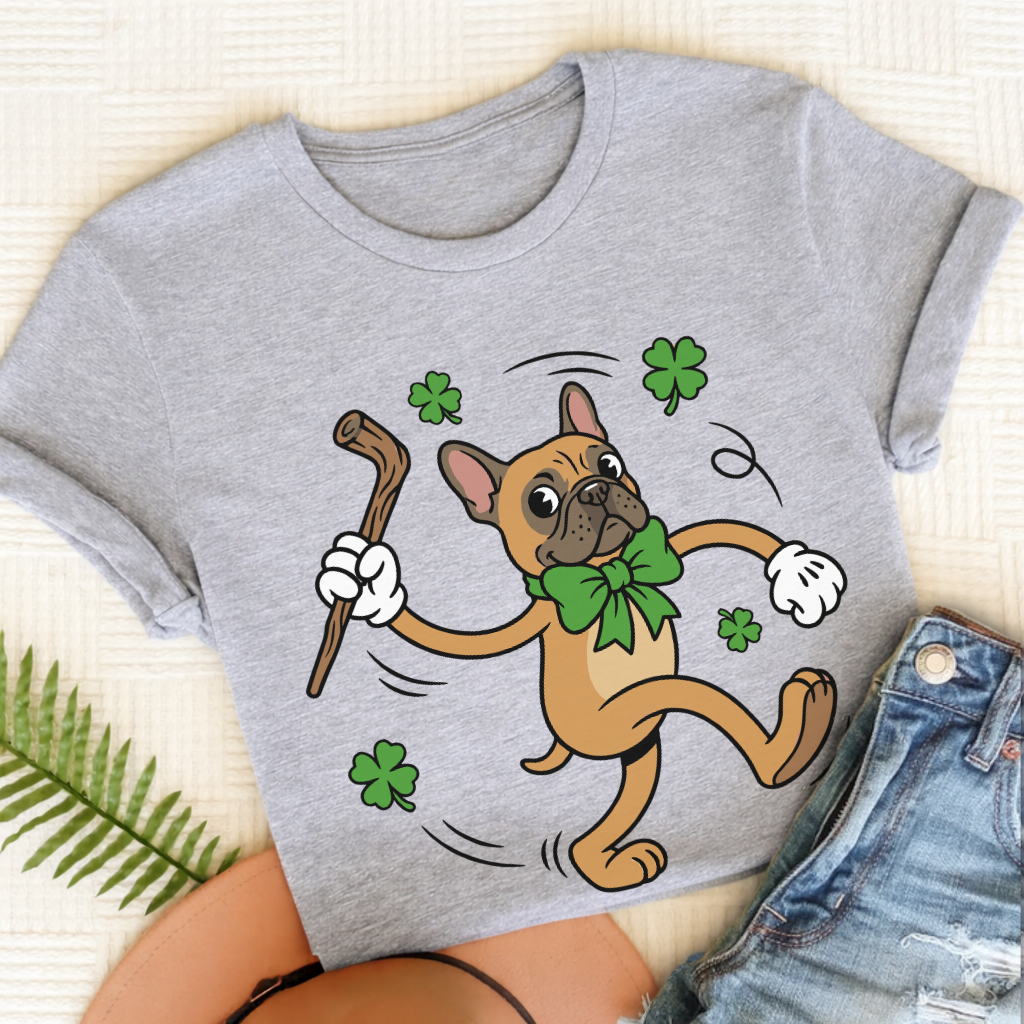 Personalizable Frenchie Lucky Pup St Patricks Unisex TShirt Sport Grey