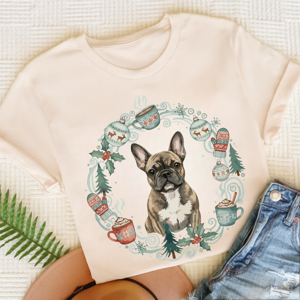 Personalizable Frenchie Christmas Wreath Tshirt Natural