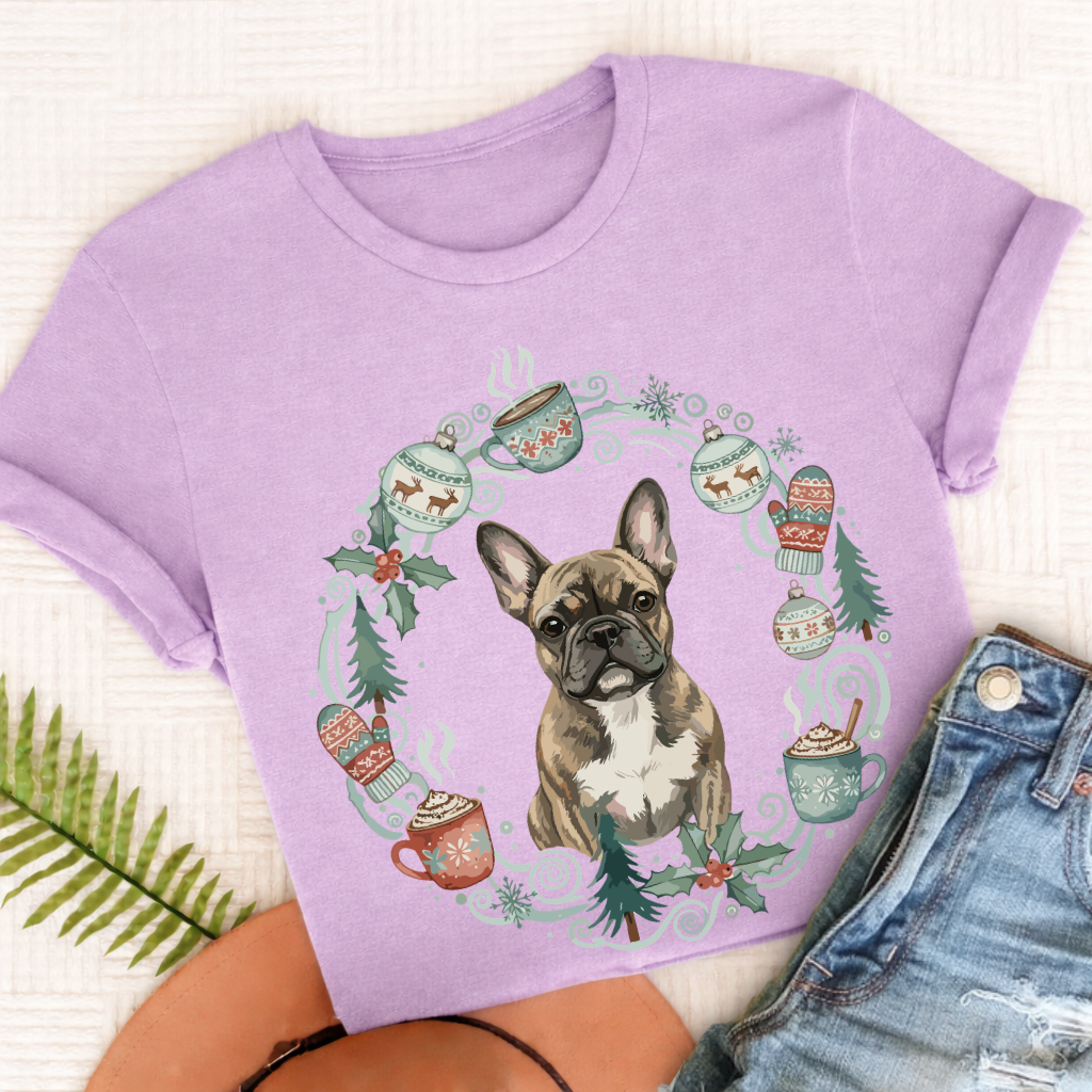 Personalizable Frenchie Christmas Wreath Tshirt Comfort Colors Orchid