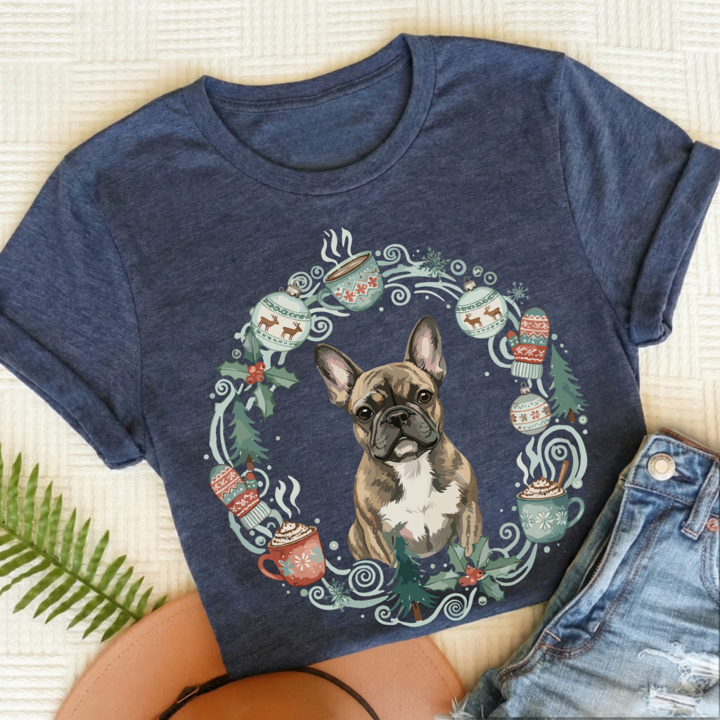 Personalizable Frenchie Christmas Wreath Tshirt Heather Navy