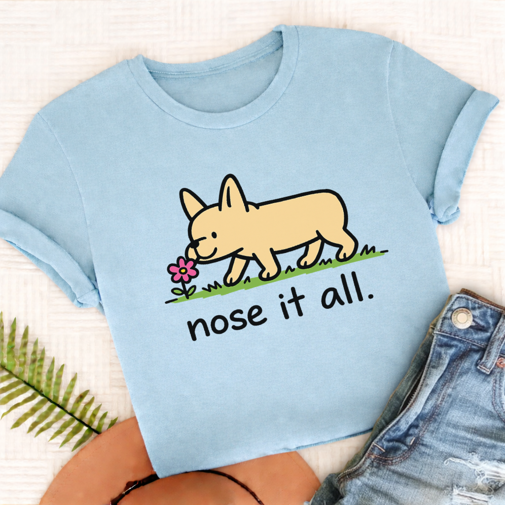 Custom Frenchie Flower Walk Unisex TShirt Comfort Colors Chambray