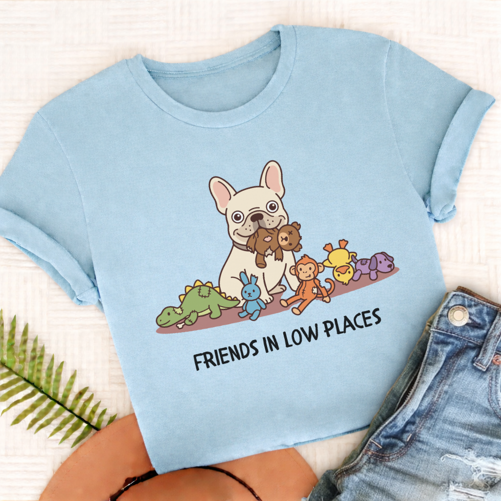 Personalized Frenchie Friends Low Places Unisex TShirt Comfort Colors Chambray