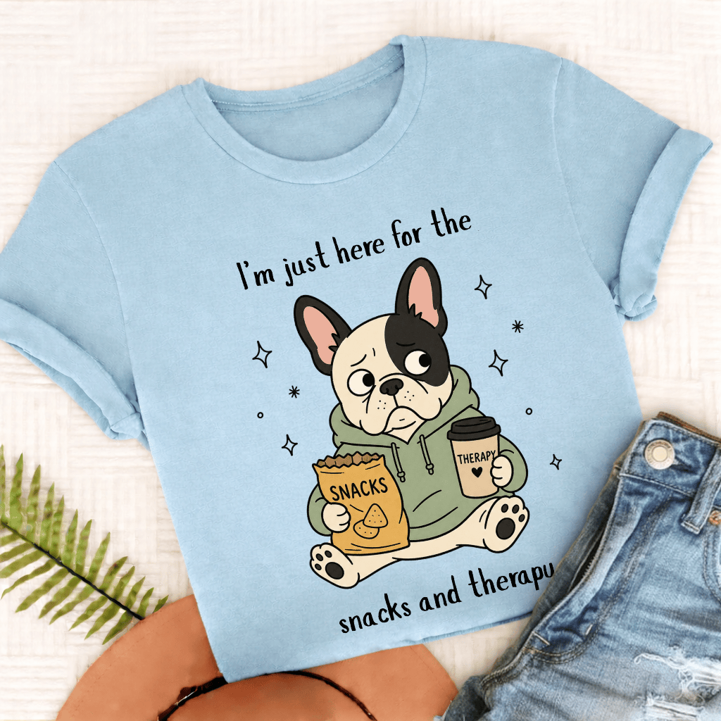 French Bulldog Snacks and Therapy Unisex TShirt Comfort Colors Chambray
