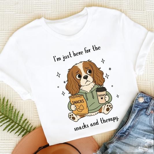Cavalier King Charles Snacks and Therapy Unisex TShirt White