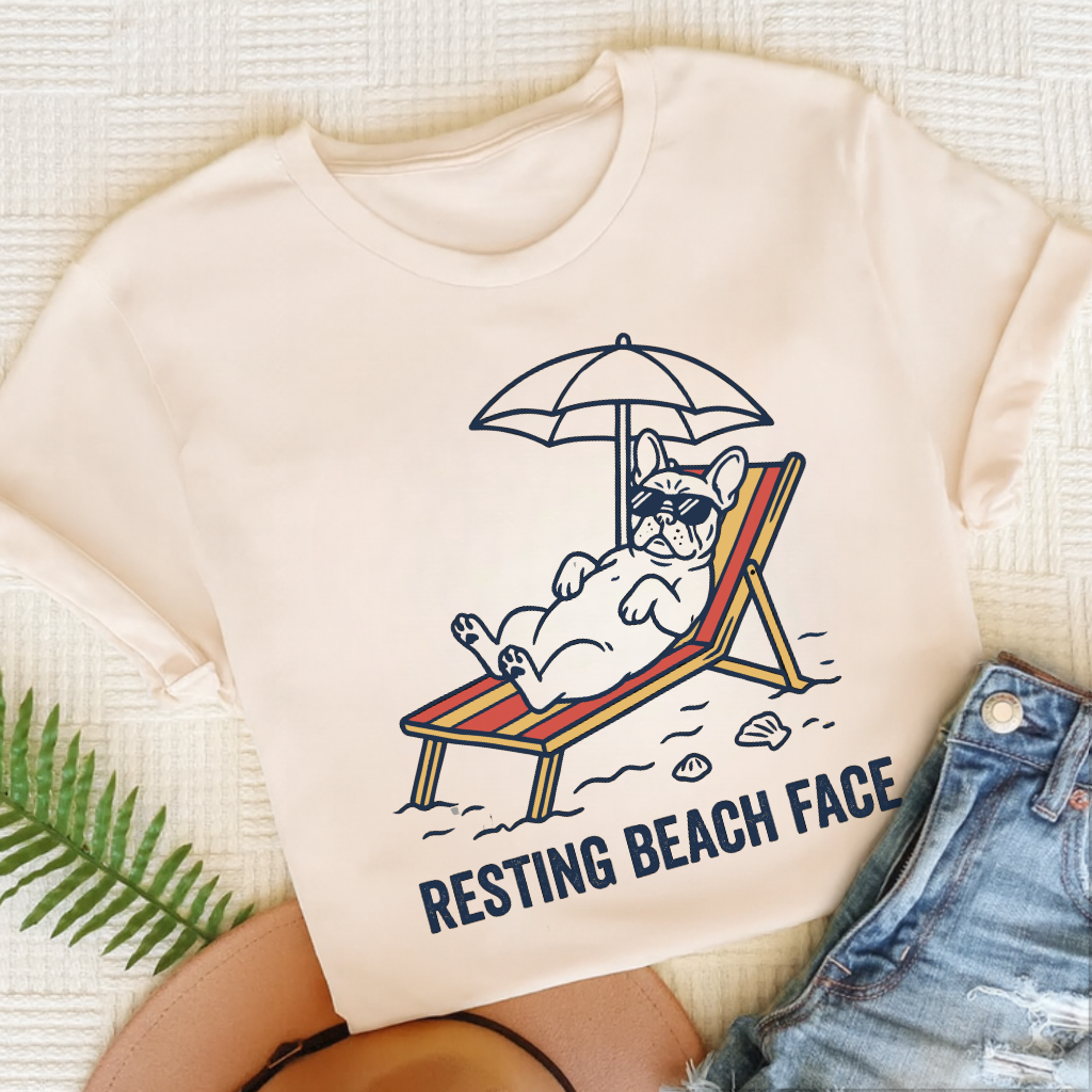 Personalized Frenchie Resting Beach Unisex TShirt Natural