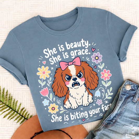 Custom Cavalier King Charles Funny Biting Your Face Unisex TShirt Ice Blue