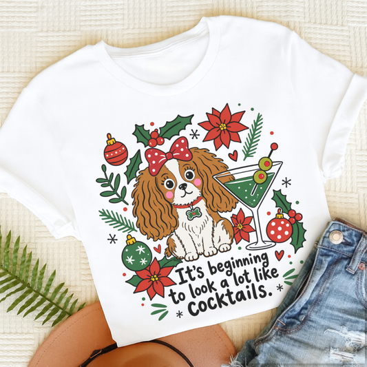 Custom Cavalier King Charles Christmas Cocktails Unisex TShirt White