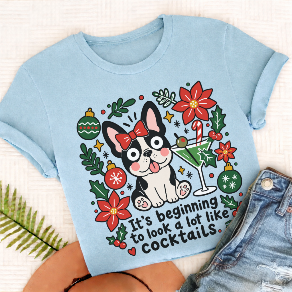 Custom French Bulldog Christmas Cocktails Unisex TShirt Chambray