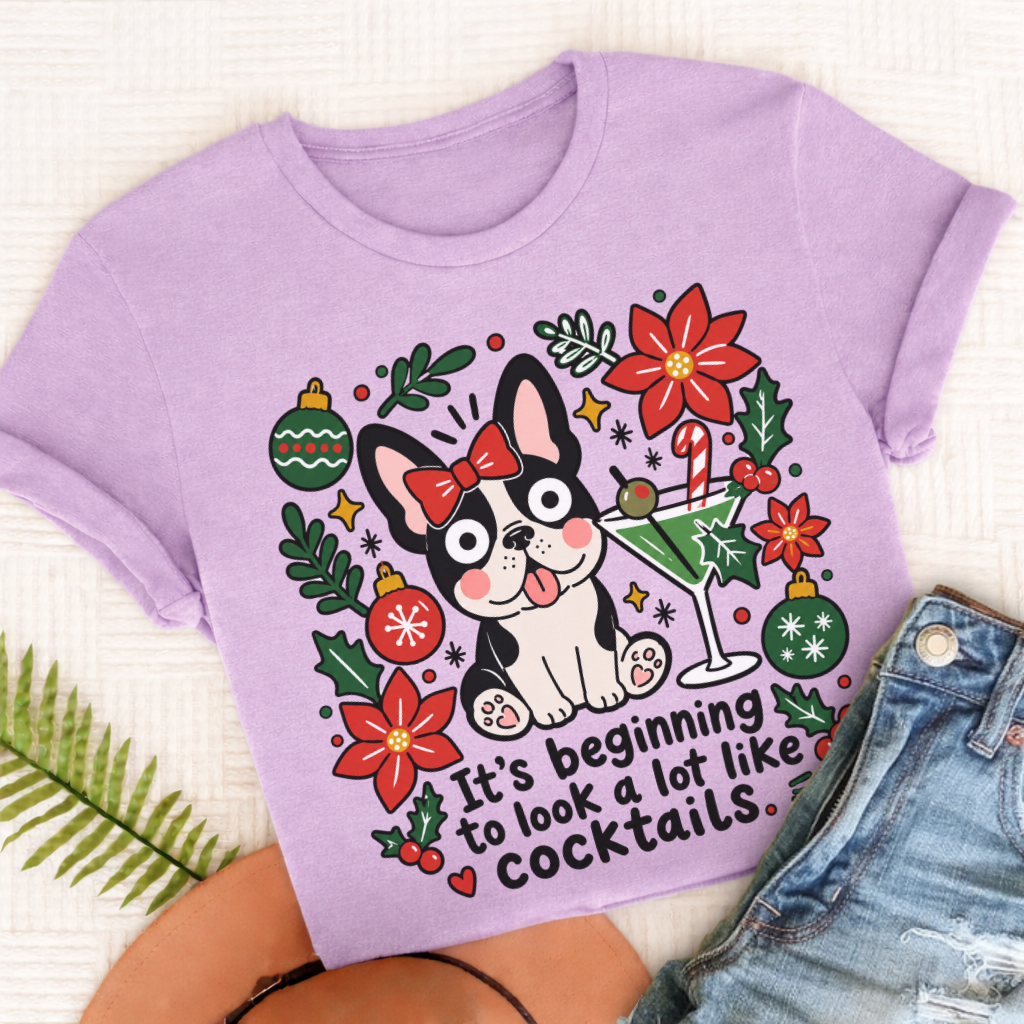 Custom French Bulldog Christmas Cocktails Unisex TShirt Orchid