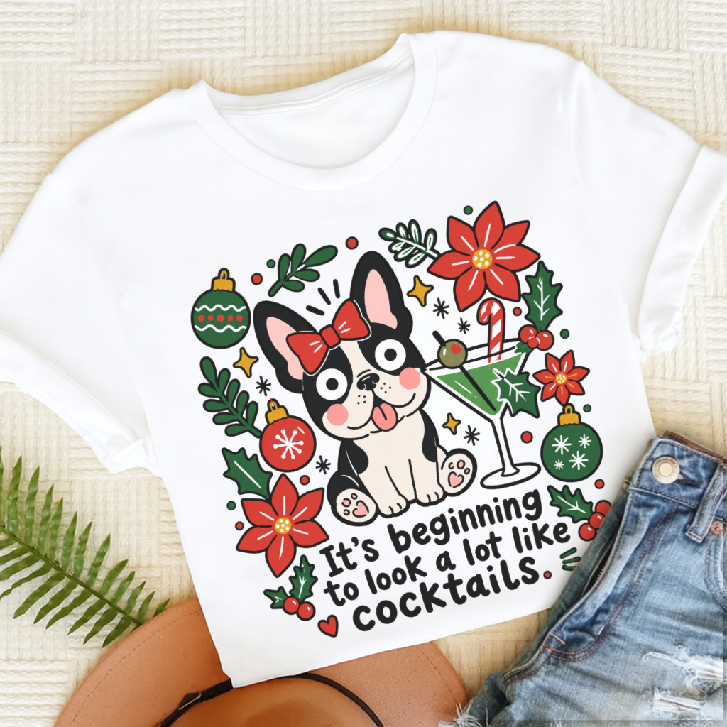 Custom French Bulldog Christmas Cocktails Unisex TShirt White