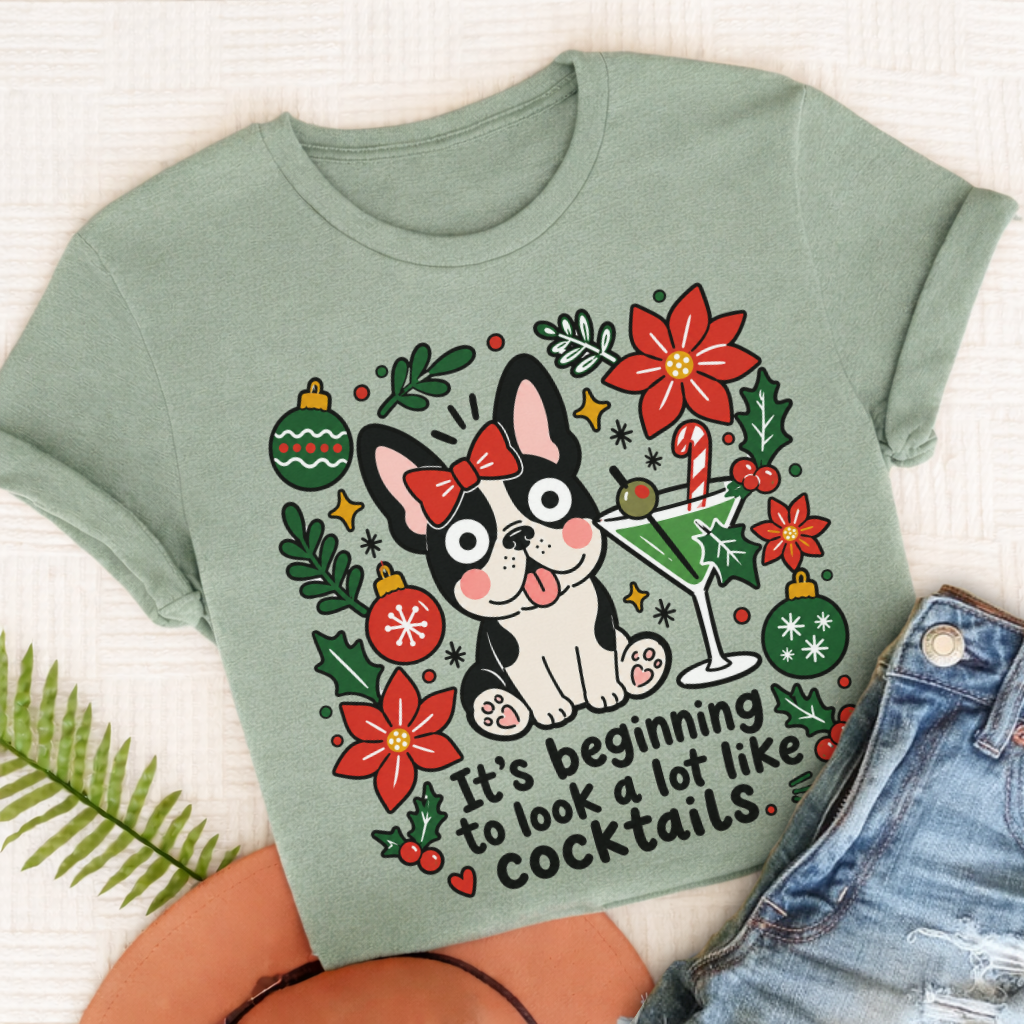 Custom French Bulldog Christmas Cocktails Unisex TShirt Bay