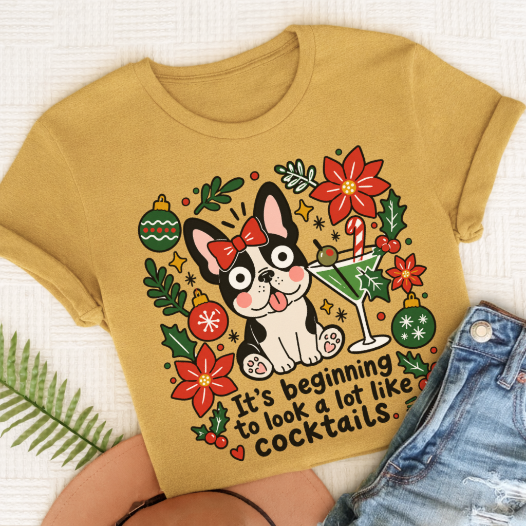 Custom French Bulldog Christmas Cocktails Unisex TShirt Mustard