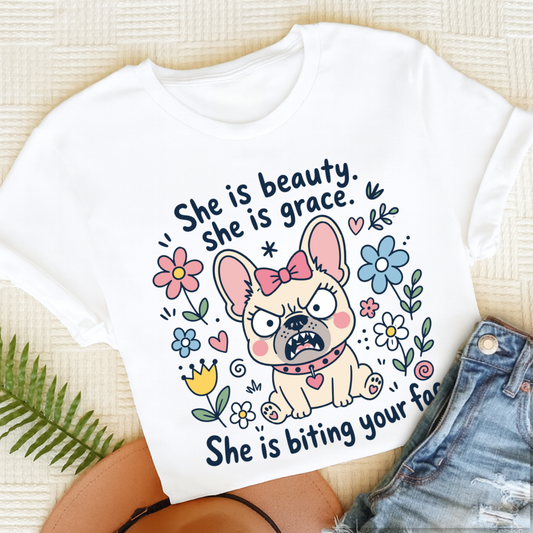 French Bulldog Funny Biting Your Face Unisex TShirt White