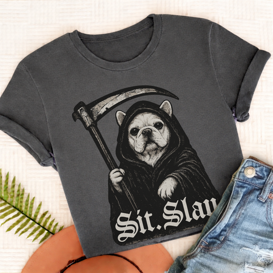 French Bulldog Reaper Sit Slay Unisex Tshirt Pepper