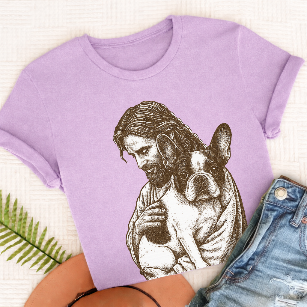 Custom French Bulldog Jesus Unisex TShirt Orchid