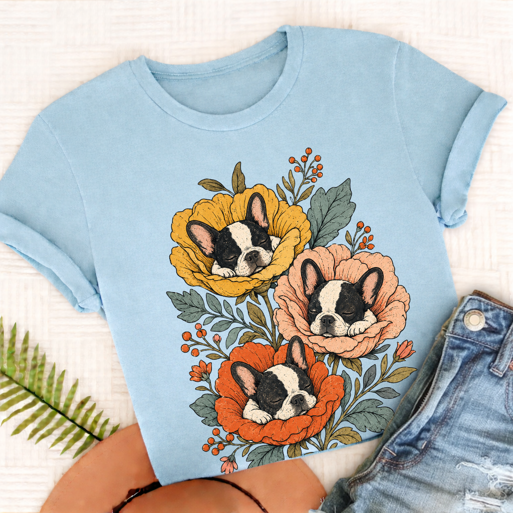 Custom Frenchie Sleeping Flowers Unisex TShirt Chambray