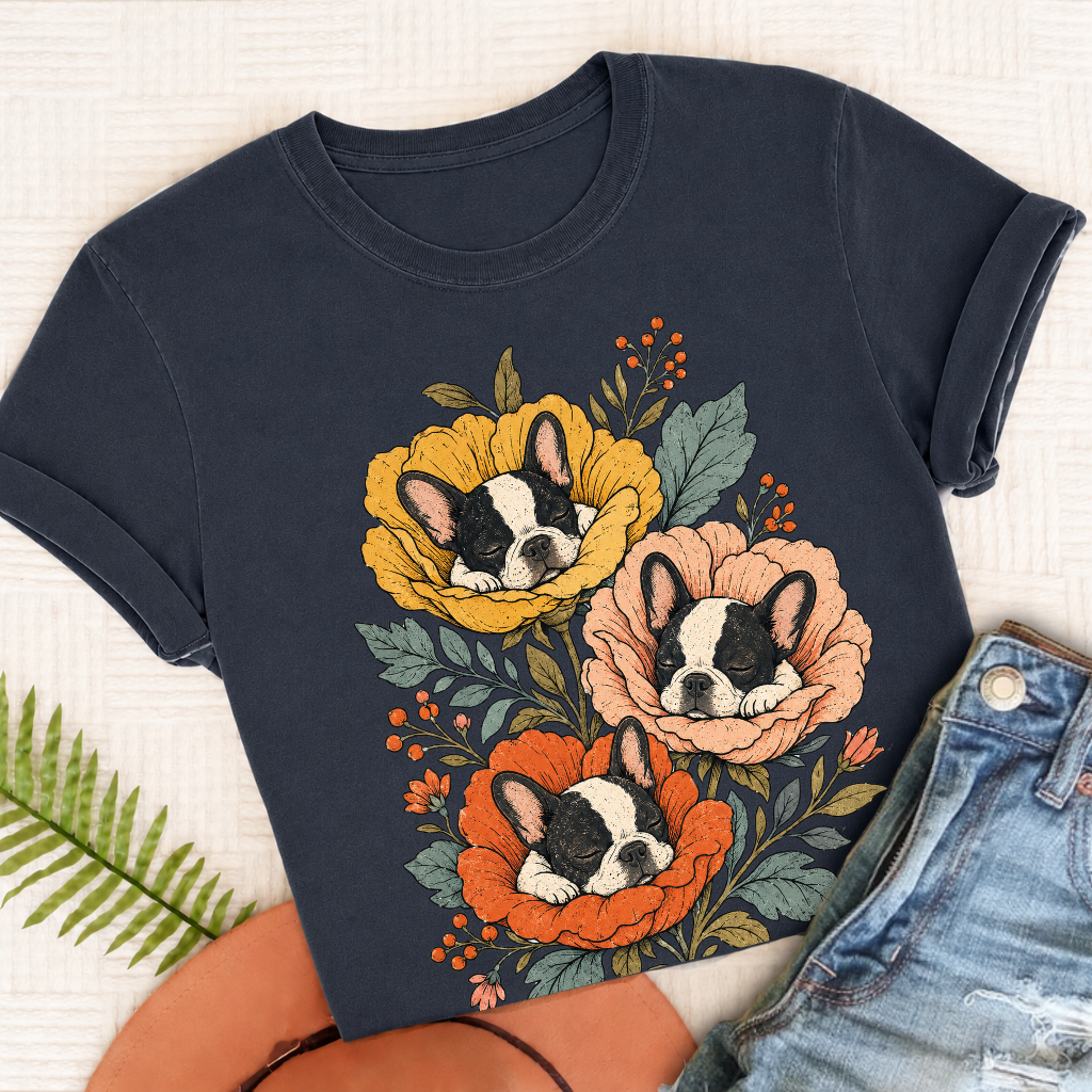Custom Frenchie Sleeping Flowers Unisex TShirt True Navy