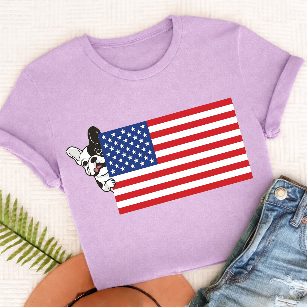 Custom French Bulldog USA Flag Unisex TShirt Orchid