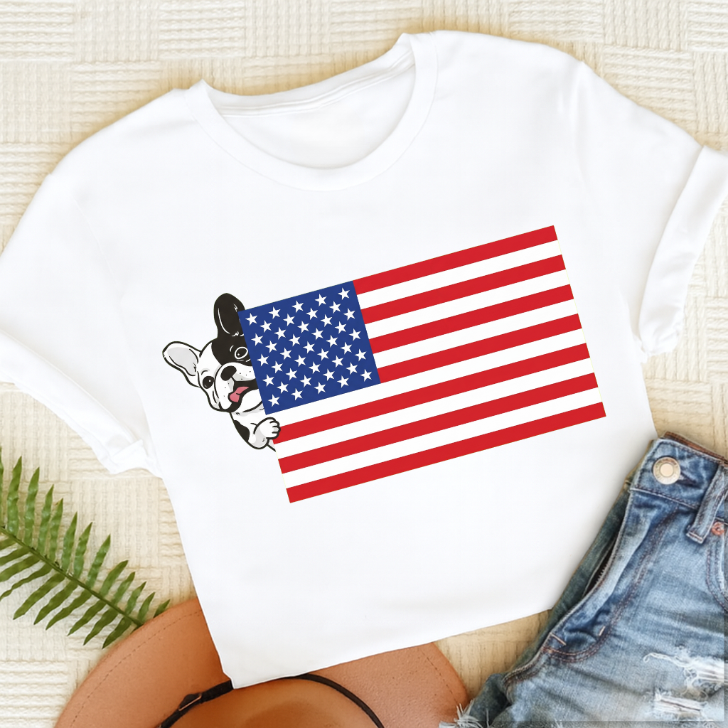 Custom French Bulldog USA Flag Unisex TShirt White
