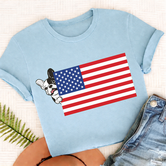 Custom French Bulldog USA Flag Unisex TShirt Chambray