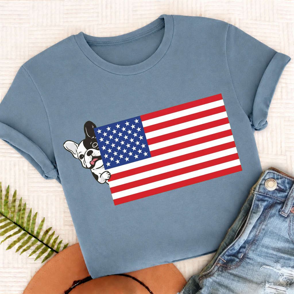 Custom French Bulldog USA Flag Unisex TShirt Ice Blue
