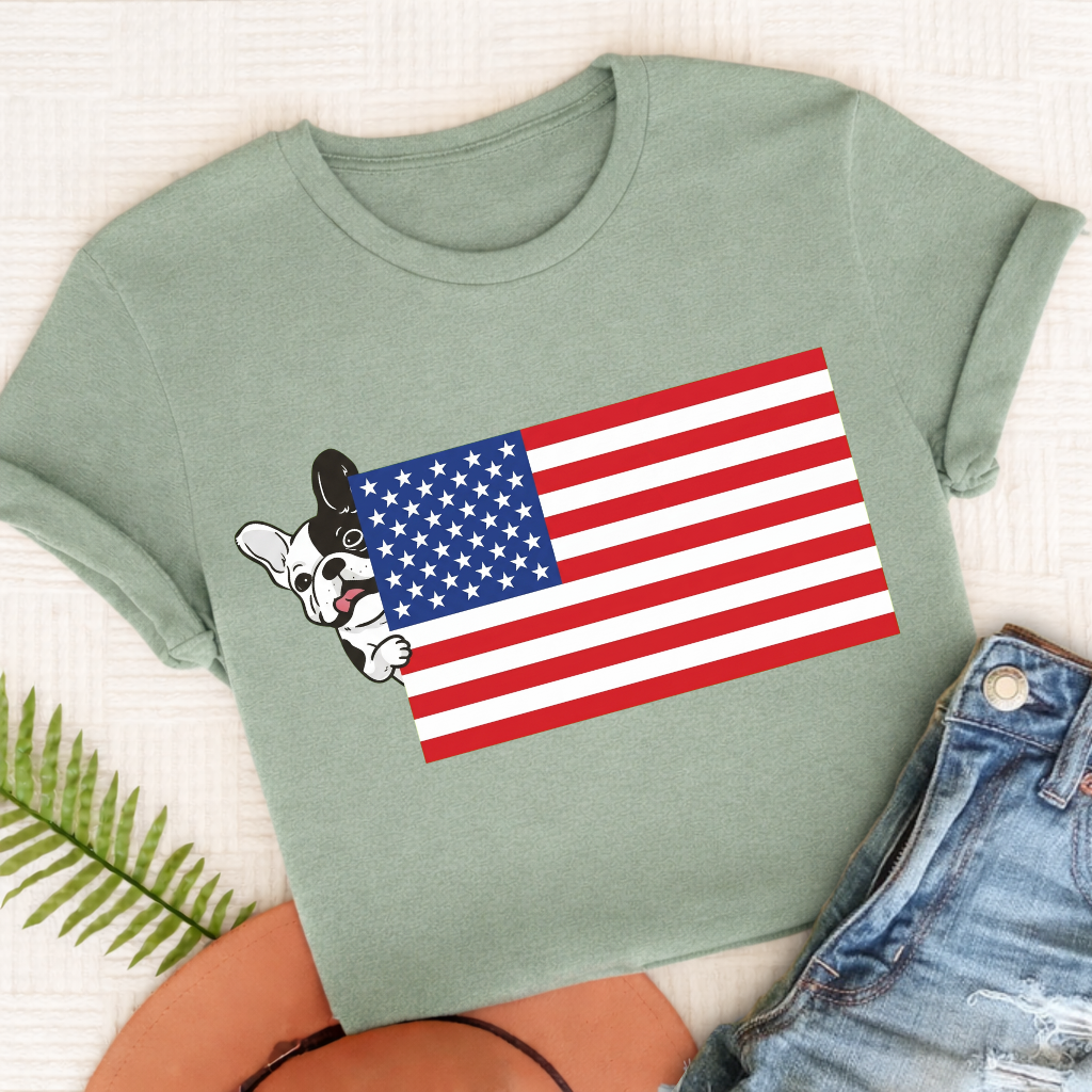 Custom French Bulldog USA Flag Unisex TShirt Bay