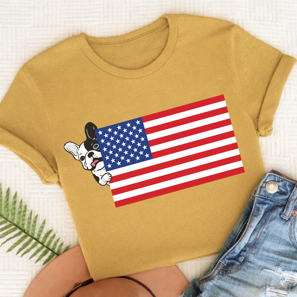 Custom French Bulldog USA Flag Unisex TShirt Mustard