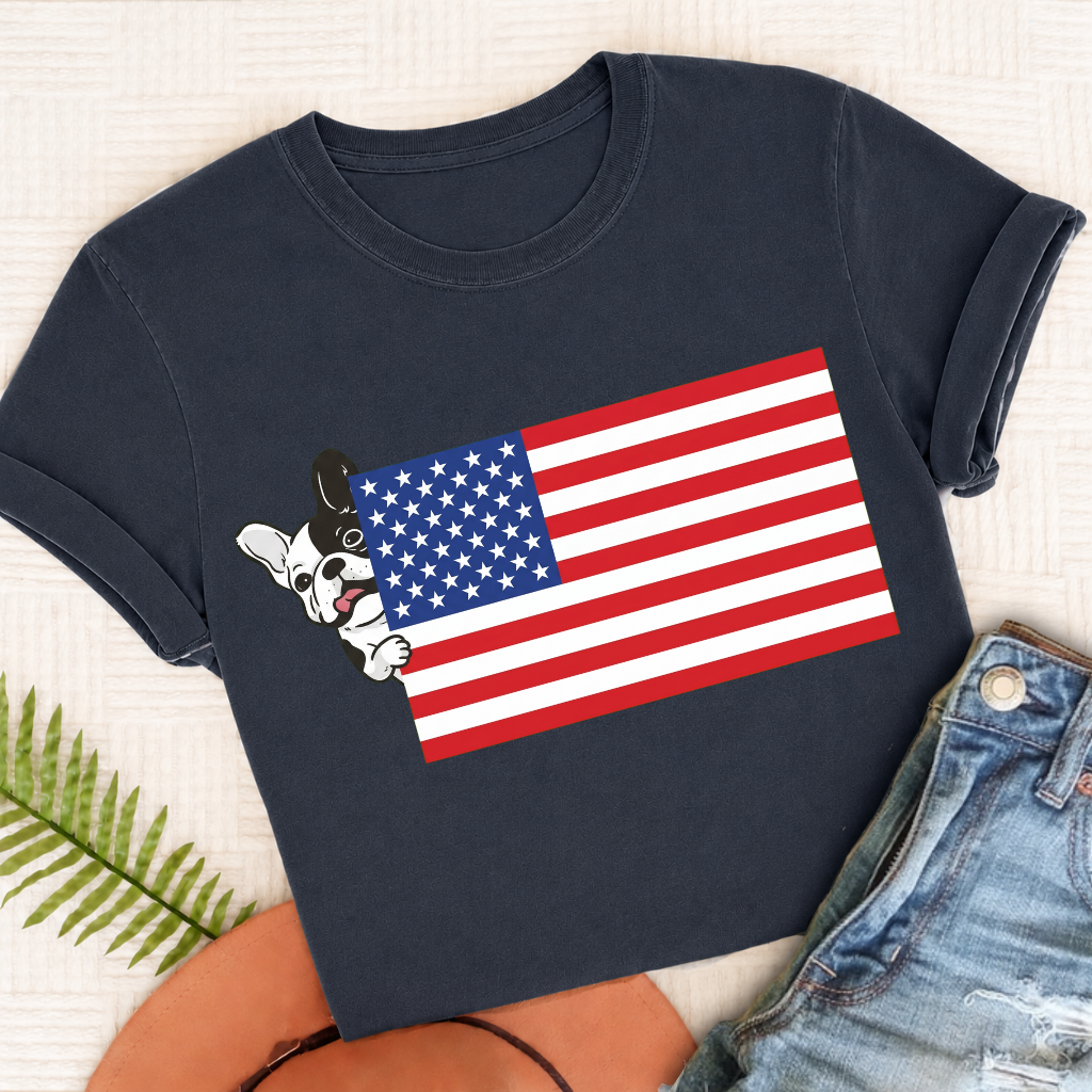 Custom French Bulldog USA Flag Unisex TShirt True Navy