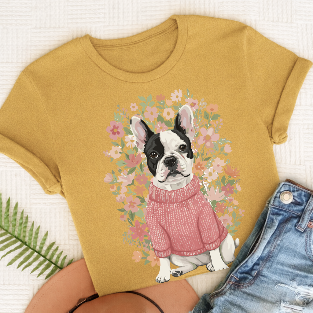 Custom French Bulldog Bouquet Flowers Unisex Tshirt Mustard