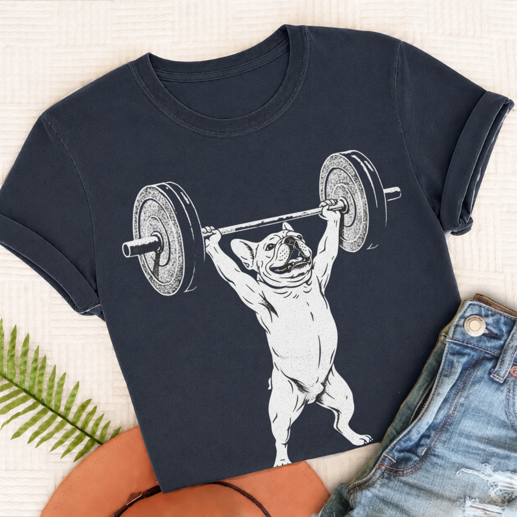 Custom French Bulldog Lifting Weights Unisex TShirt True Navy