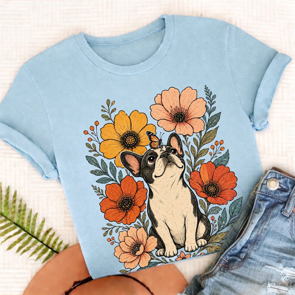 Custom French Bulldog Monarch Butterfly Unisex Tshirt Chambray