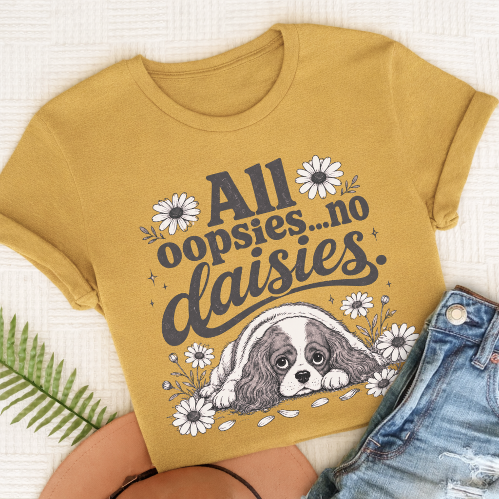 Cavalier King Charles Oopsie Daisies Unisex TShirt Mustard