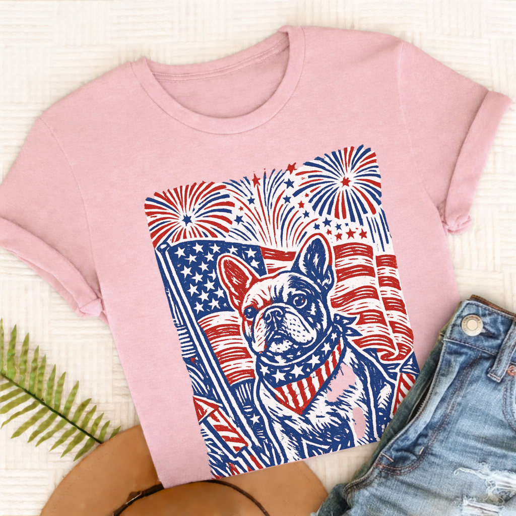 French Bulldog Linocut 4th of July USA Unisex TShirt Blossom