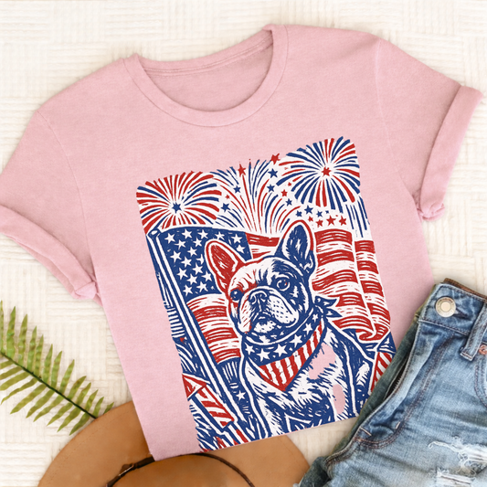 French Bulldog Linocut 4th of July USA Unisex TShirt Blossom