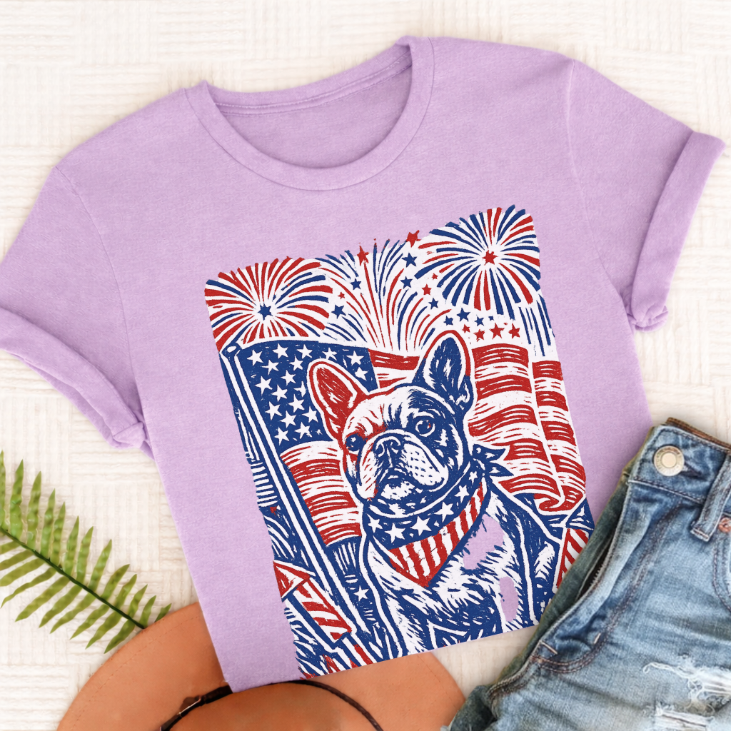 French Bulldog Linocut 4th of July USA Unisex TShirt Orchid